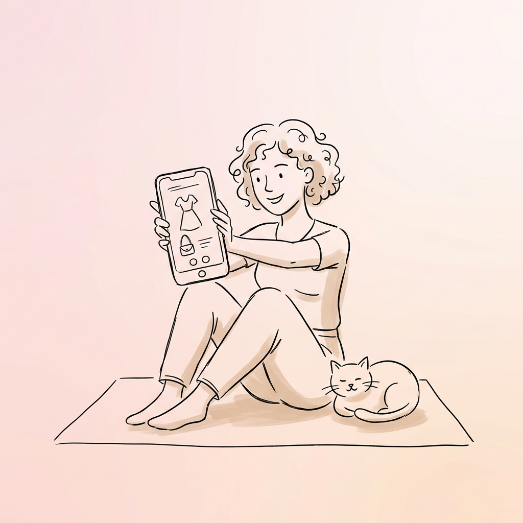 Line drawing of a woman with curly hair holding up a phone that shows a clothing shop, a cat curled up beside her.
